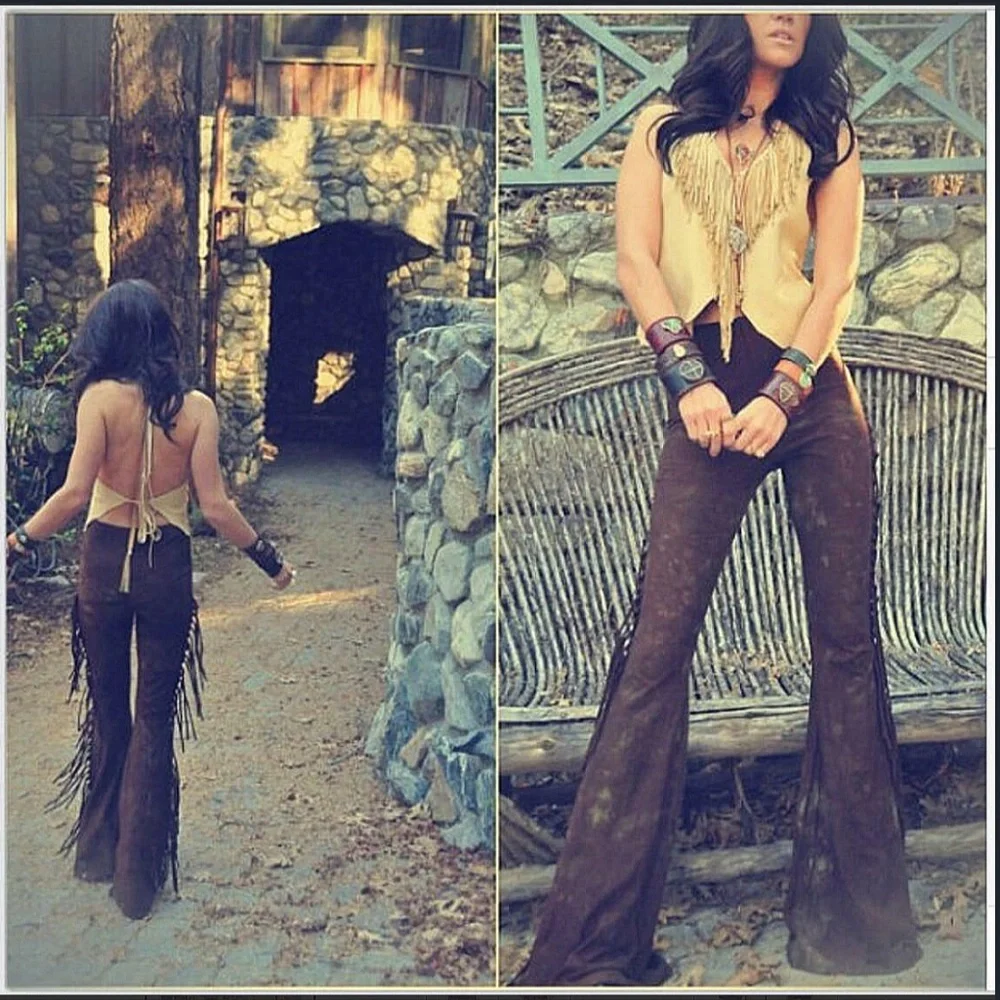SHORT LENGTH High Waisted Fringe Bell Bottoms in BROWN TIE DYE Sizes XS S M L XL - Picture 1 of 8